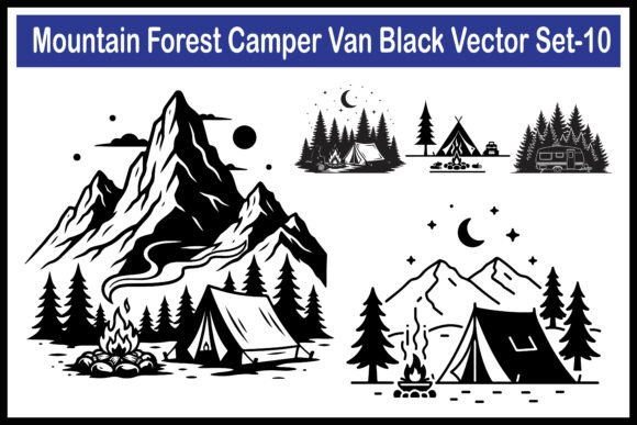Mountain Forest Camper Van Vector Set-10: A Solid Graphic Design Asset for Crafts